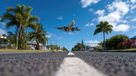 An airplane descends over a residential street lined with vibrant palm trees, capturing a unique travel scene under a clear blue sky.の素材