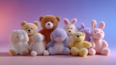 A charming assembly of plush toys featuring bears and bunnies in soft pastel colors, perfect for evoking feelings of warmth, joy, and childhood comfort.の素材
