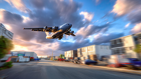 A dynamic scene showcasing an airplane landing over an industrial area with a striking sunset sky. The image captures motion and flight, emphasizing transportation themes amidst a vibrant backdrop.の素材
