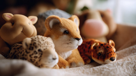 Discover a charming assortment of plush animal toys including a lion, leopard, and cheetah, perfect for kids. Ideal for playtime and decoration.の素材