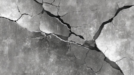 Close-up view of a cracked concrete surface showcasing deep crevices and a textured gray background, ideal for backgrounds or design elements.の素材