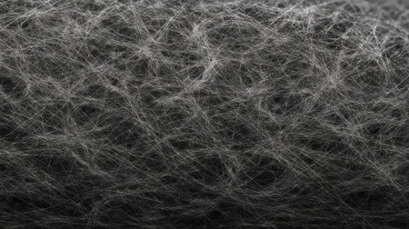 This abstract close-up image captures a detailed fiber network, showcasing intricate, delicate textures and patterns in striking monochrome tones.の素材