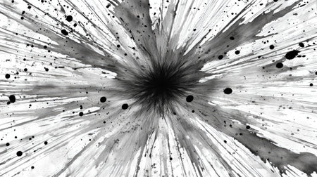 A stunning black and white abstract illustration featuring energetic ink splatters and dynamic lines radiating from the center, perfect for design projects.の素材