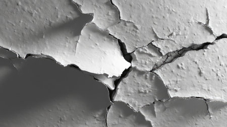 This image features a textured wall surface with noticeable cracks and peeling paint, conveying a sense of age and wear in a monochrome palette.の素材