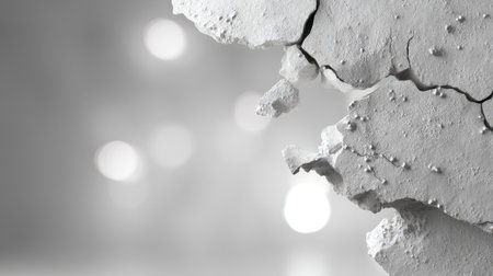This image features a cracked wall with a peeling surface, set against a soft bokeh background. The monochrome tones create a dramatic contrast, highlighting the textures. Perfect for artistic and design projects.の素材