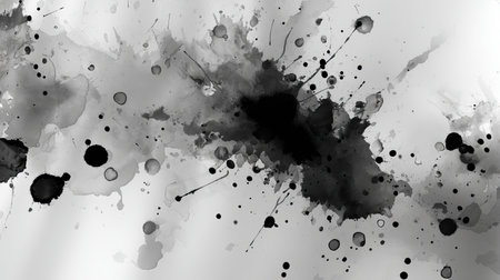 This abstract monochrome watercolor splash features various ink blots and creative paint splatter on a light background, perfect for artistic projects.の素材