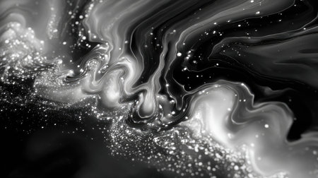 This mesmerizing black and white abstract image features swirling patterns and sparkling effects, perfect for creative backgrounds or artistic projects.の素材