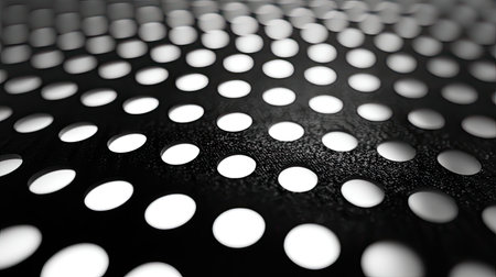 This abstract image features a textured black and white surface with circular holes arranged in a unique pattern, ideal for modern designs and artistic projects.の素材