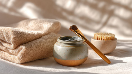 This serene spa setup features a clay mask, soft towel, and brush highlighted by warm sunlight, conveying tranquility and self-care in a stylish manner.の素材