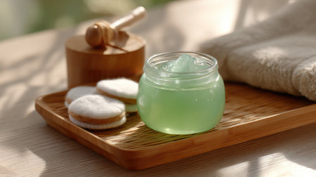 A serene arrangement of natural skincare products featuring a green gel, soft cotton pads, and wooden accessories on a light wooden surface, ideal for wellness and self-care.の素材