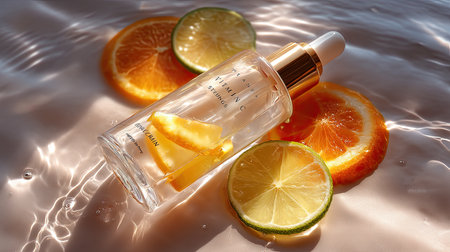 A beautiful glass serum bottle infused with citrus flavors rests beside fresh orange and lemon slices, creating a vibrant and refreshing visual experience.の素材