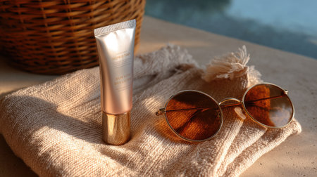 This image captures a chic sunscreen tube and stylish sunglasses resting on a soft towel by the serene poolside. Perfect for summer skincare and relaxation.の素材