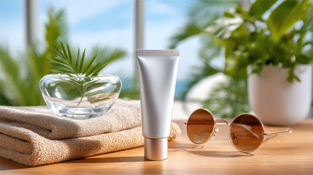 A serene beach-inspired arrangement featuring a skincare product, plush towel, stylish sunglasses, and lush indoor plants, evoking relaxation and self-care.の素材