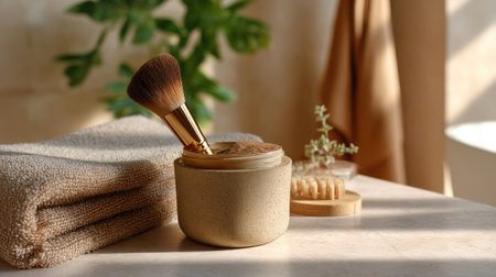 A serene scene featuring natural skincare products, including a soft brush and an elegant container, perfect for promoting wellness and beauty lifestyles.の素材