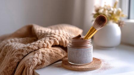 A serene and inviting setup featuring a natural skincare product in a jar with a brush, cozy blanket, and decorative elements, ideal for beauty and wellness themes.の素材