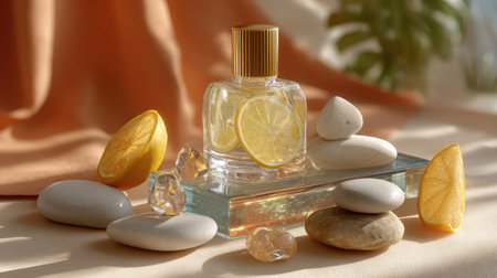 A beautiful arrangement featuring a glass bottle with lemon slices, surrounded by smooth stones and an elegant fabric. Perfect for wellness and relaxation themes.の素材