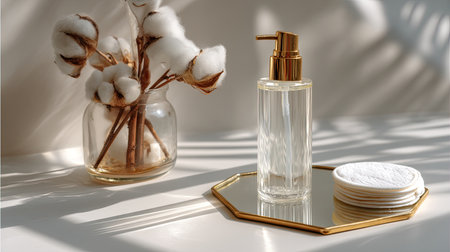 Captivating arrangement featuring an elegant glass bottle with pump, cotton branch, and round cotton pads on a chic mirror tray, illuminated by soft natural light.の素材