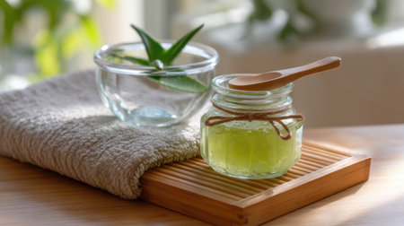 A peaceful setup featuring a refreshing green gel in a glass jar with a wooden spoon, complemented by an aloe vera leaf in a bowl on a bamboo tray, perfect for wellness.の素材