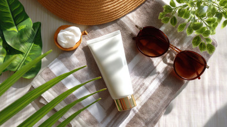 Capture the essence of summer relaxation with this serene flat lay featuring sunscreen, stylish sunglasses, and natural elements for a wellness vibe.の素材
