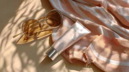 A serene and stylish composition of summer essentials, showcasing sunglasses, a sunscreen tube, and a soft fabric, perfect for beach days or vacations.の素材