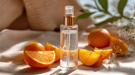 A refreshing citrus infusion spray sits beside fresh orange slices on a soft fabric background, capturing a serene and vibrant atmosphere perfect for beauty and wellness themes.の素材