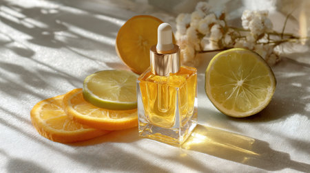 A glass bottle of citrus oil is surrounded by vibrant slices of orange and lime, casting beautiful shadows and brightening the scene, ideal for skincare themes.の素材