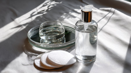 A serene composition featuring a clear bottle filled with liquid, accompanied by a glass dish and soft cotton pads, all elegantly arranged.の素材
