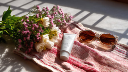 A serene arrangement featuring a soft blanket adorned with colorful flowers, stylish sunglasses, and a skin care product, perfect for summer relaxation.の素材