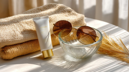A serene summer scene featuring skincare lotion, stylish sunglasses, a soft towel, and a glass bowl. Perfect for showcasing beauty and relaxation themes.の素材