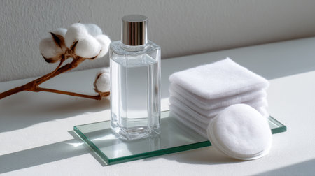 A serene composition featuring a clear glass bottle filled with liquid, surrounded by cotton pads and a cotton branch, perfect for beauty and skincare themes.の素材