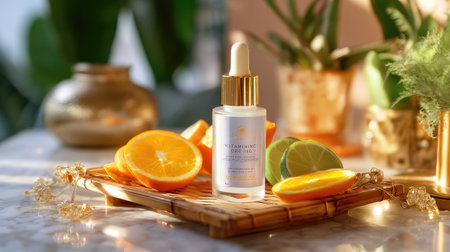 A refreshing skincare serum featuring vitamin C, positioned with vibrant orange and lime slices, set in a serene botanical environment, capturing perfect natural light.の素材