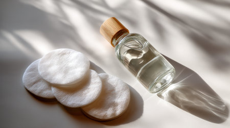 This image showcases a clear serum bottle alongside soft cotton pads, offering a serene beauty vibe with gentle shadows and a minimalist aesthetic.の素材