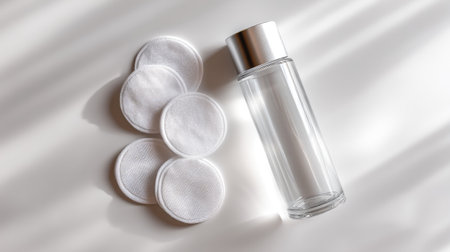 A stylish glass bottle with a silver cap positioned next to white cotton pads, highlighting a clean and minimalist skincare aesthetic suitable for beauty applications.の素材