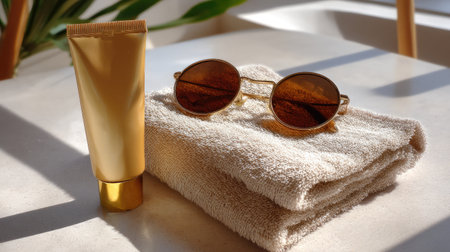 This image captures a stylish arrangement of summer essentials, featuring a gold tube of sunscreen, round sunglasses, and a soft towel, bathed in sunlight.の素材