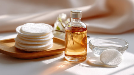 This still life image showcases a cosmetic oil bottle accompanied by cotton pads and a glass dish, set against a soft fabric background, evoking tranquility.の素材