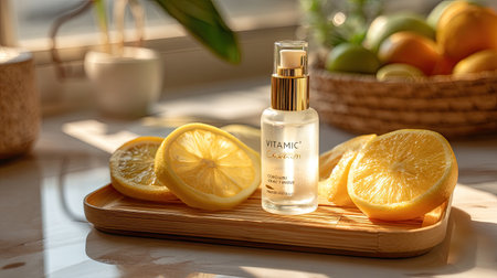 A refreshing skincare serum is elegantly displayed with sliced lemons on a wooden tray, highlighting natural beauty and wellness in sunlight.の素材