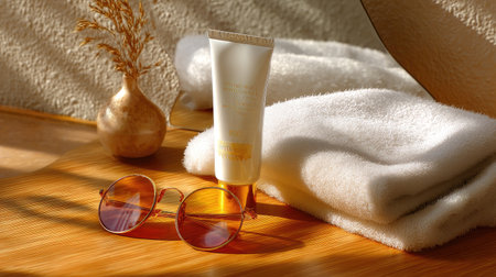 A peaceful spa setup featuring a sunscreen tube, stylish sunglasses, soft towel, and a decorative vase, all arranged on a warm wooden surface under soft natural light.の素材