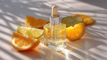 A striking image of a glass serum bottle filled with a vibrant citrus oil, accompanied by fresh orange and lemon slices, all beautifully illuminated by sunlight.の素材