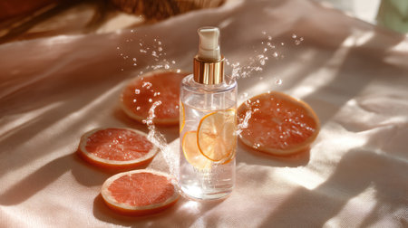 A vibrant bottle of vitamin C serum surrounded by fresh grapefruit slices and delicate water splashes, evoking a refreshing skincare experience.の素材