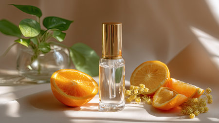 A stylish glass bottle sits elegantly among vibrant citrus oranges and a lush green plant. Soft natural light enhances the refreshing and calming atmosphere, perfect for beauty and wellness themes.の素材