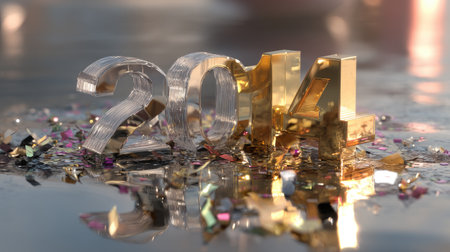 A vibrant and festive representation of the New Year 2014, showcasing shiny numbers adorned with colorful confetti on a reflective surface, symbolizing celebration.の素材