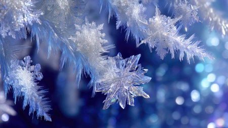 This stunning image showcases intricate ice crystals and snowflakes, capturing the serene beauty of winter in a shimmering blue background.の素材