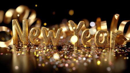 Celebrate the arrival of a new year with this stunning image featuring glittering text and colorful confetti, perfect for festive greetings and promotions.の素材