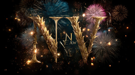 Stunning visual depicting a golden letter representing New Year with a backdrop of vibrant fireworks, capturing the essence of festive celebrations and joy.の素材