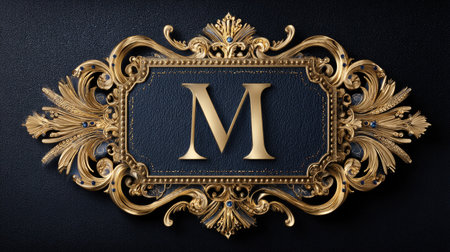 This stunning golden monogram is set within an ornate decorative frame, accented by blue jewels, creating a luxurious visual for upscale designs.の素材
