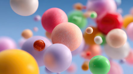 This vibrant image showcases a collection of colorful 3D spheres and bubbles floating against a serene blue sky. The composition exudes creativity and playfulness, making it ideal for artistic projects and designs.の素材
