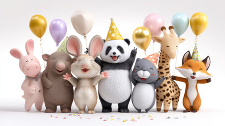 A delightful gathering of colorful animal characters, celebrating joyfully with balloons and party hats. Ideal for children's events and festive themes.の素材