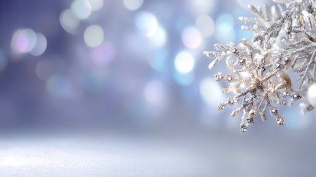 A stunning close-up of a glittering snowflake decoration set against a soft bokeh background, perfect for conveying winter wonder and holiday spirit.の素材