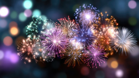 Captivating fireworks light up the night sky with a spectacular array of colors and sparkling effects, perfect for celebrations and holiday festivities.の素材