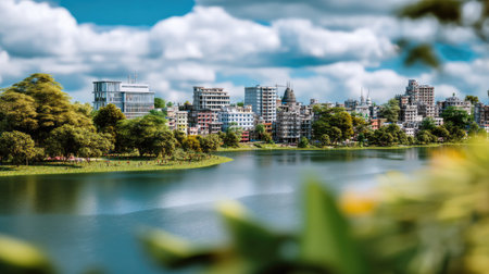 A picturesque scene featuring urban architecture alongside a tranquil lake, with reflections of the city under a vibrant blue sky and fluffy clouds.の素材